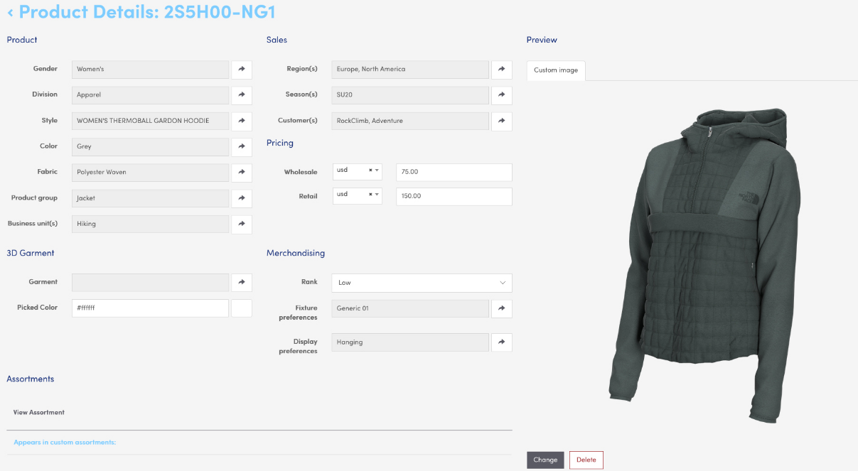 Dtail product page interface, 3D clothing library, dtail, pixelpool