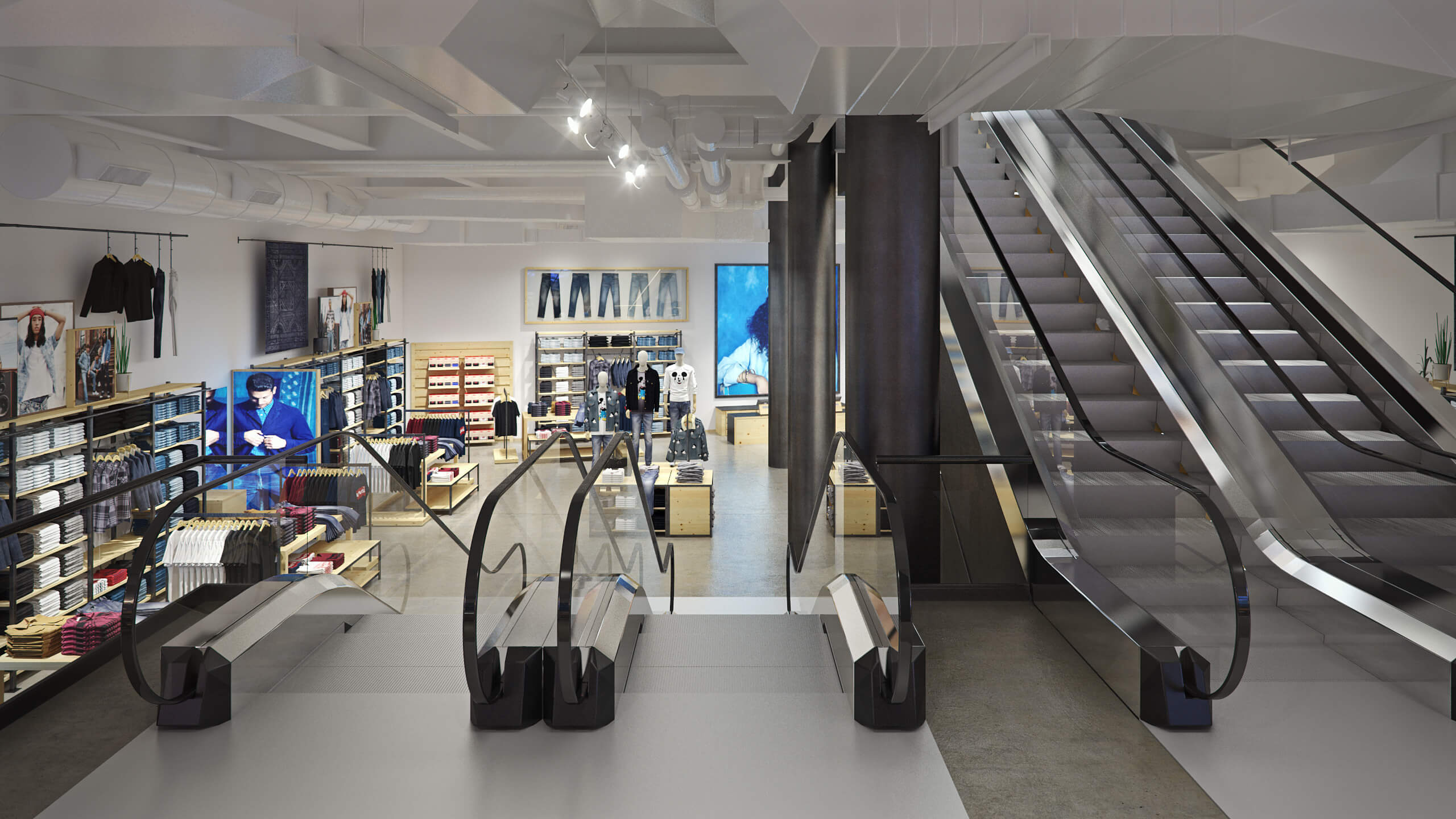 render vs real, Levi's, flagship, store, times square, new york city, interior, render, 3d, pixelpool, CAD