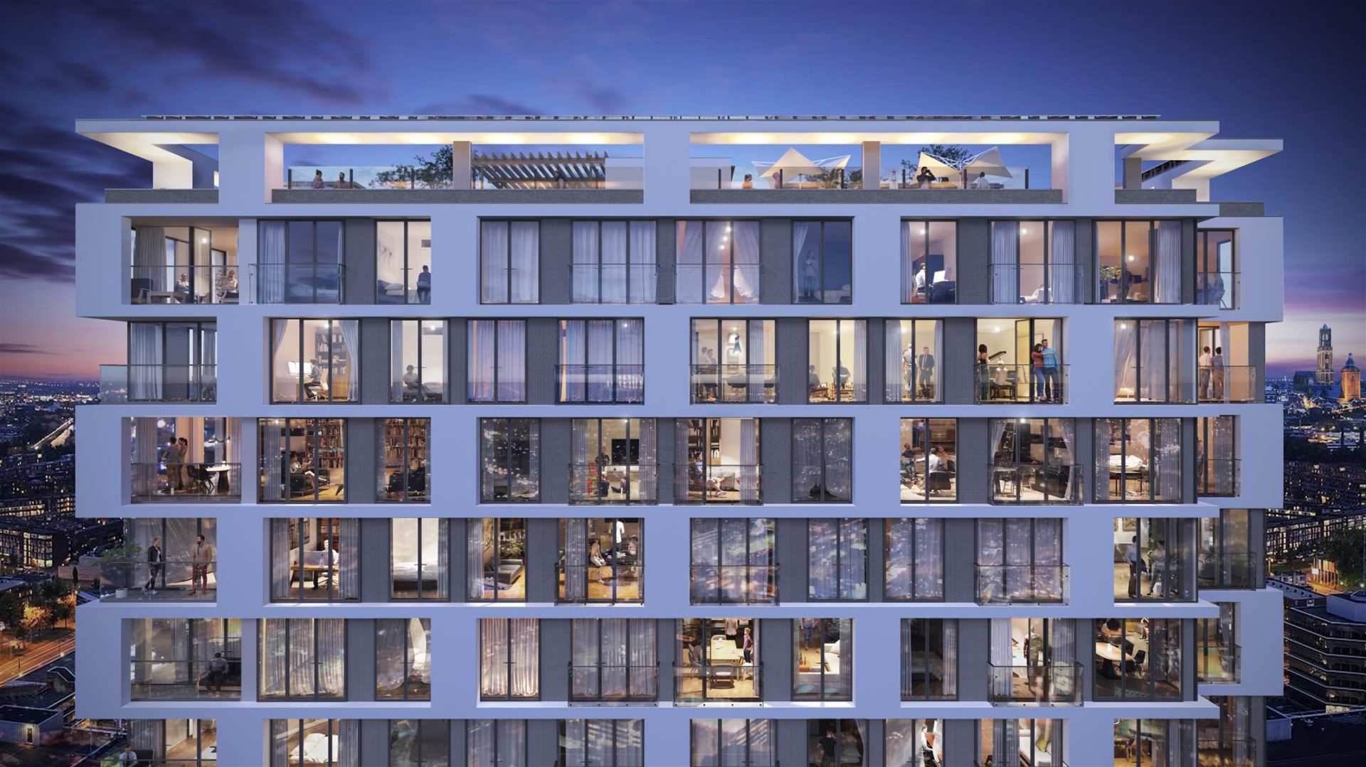apartment building, architectural visualization, render, evening, pixelpool